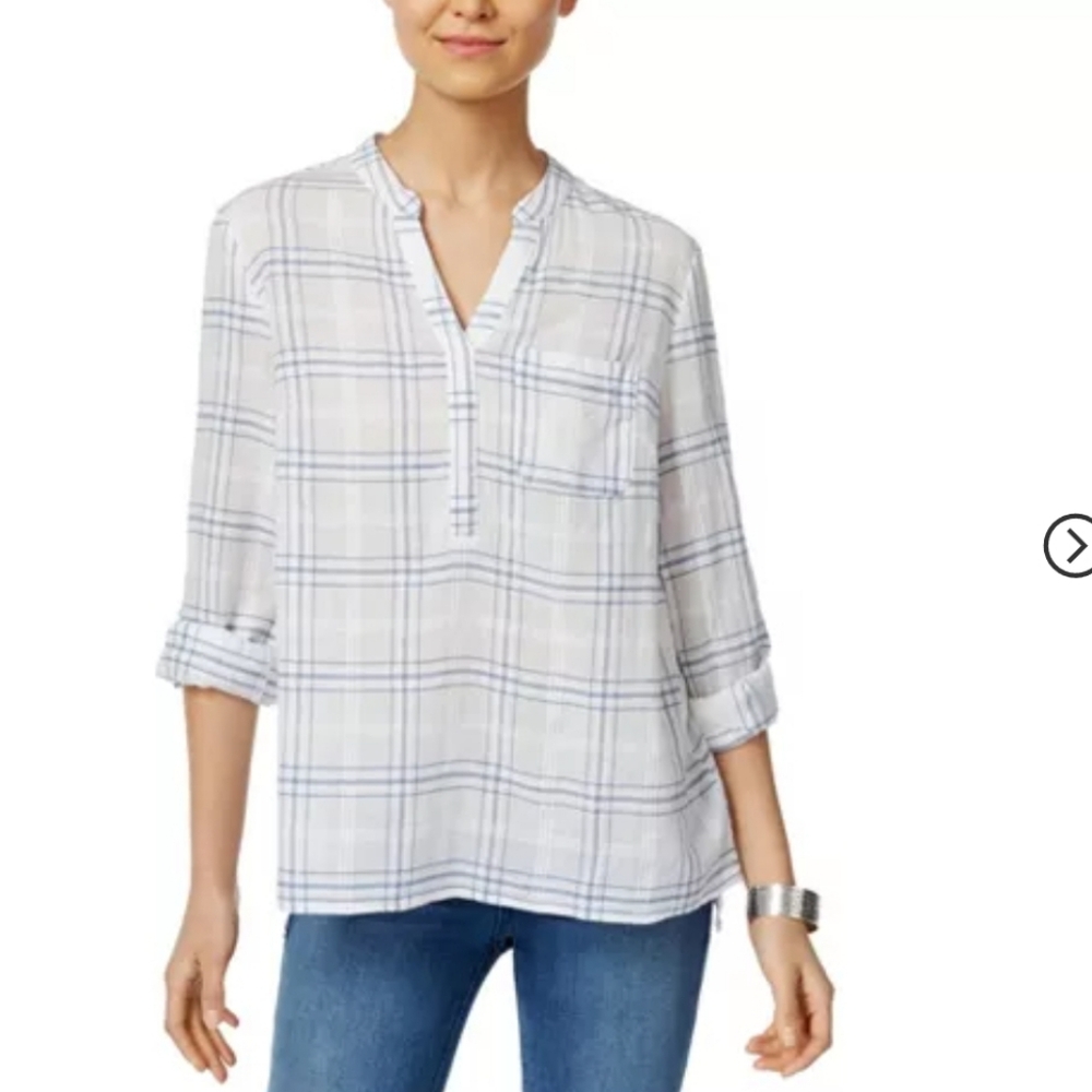 Style & Co Women's Cotton Casual Blouse, White/Blue Windowpane, PS